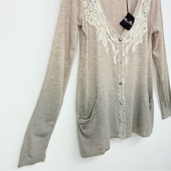 Miss Me Tan Gray Ombré V Neck Lace Trim Rhinestone Jersey Stretch Cardigan NEW - Picture 8 of 16